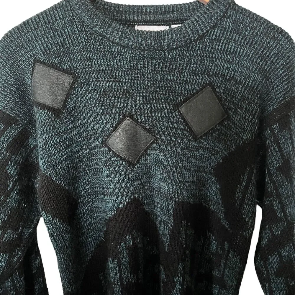 VTG Campus 80s 90s Sweater Pullover Mens Blue Black Acrylic Leather Abstract S